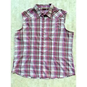 Wrangler Wrancher Sleeveless Shirt Pearl Snap Western Retro Pink Plaid - 2XL